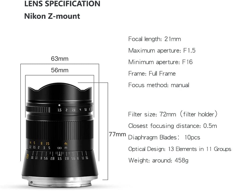 TTArtisan 21mm F1,5 Manuelles Vollbild Weitwinkelobjektiv für Nikon Z Mount